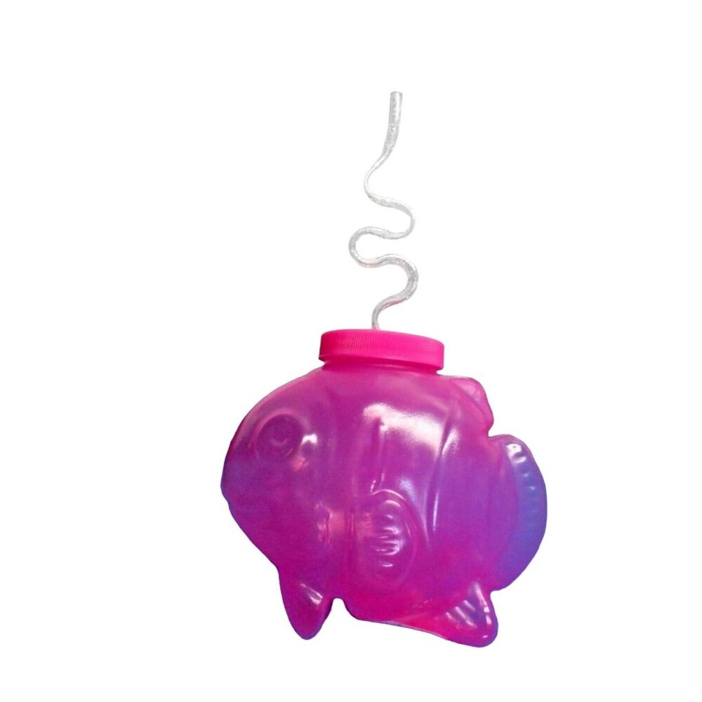 New Hard Plastic Fish Cup Bowl with Lid & Straw Pink